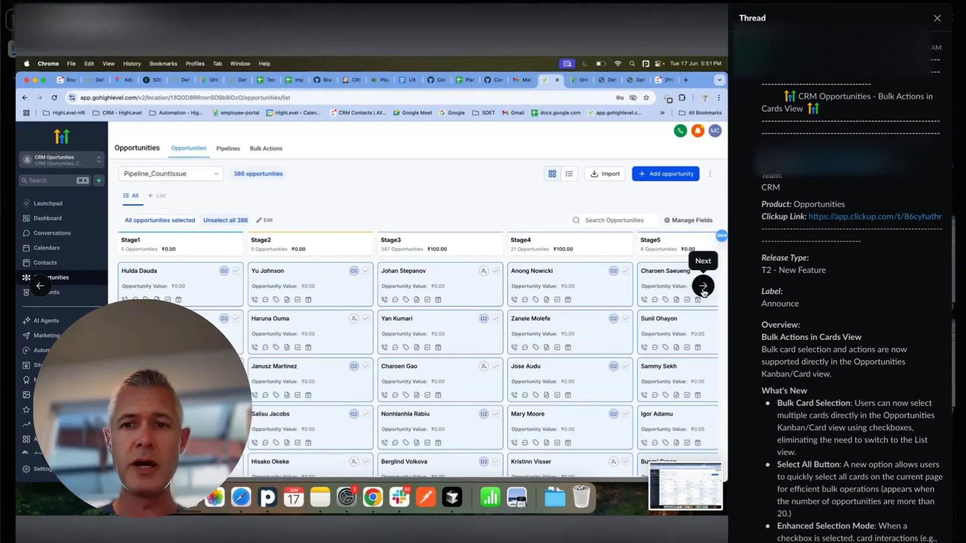 GFunnel card view interface showing multiple opportunities selected for bulk action