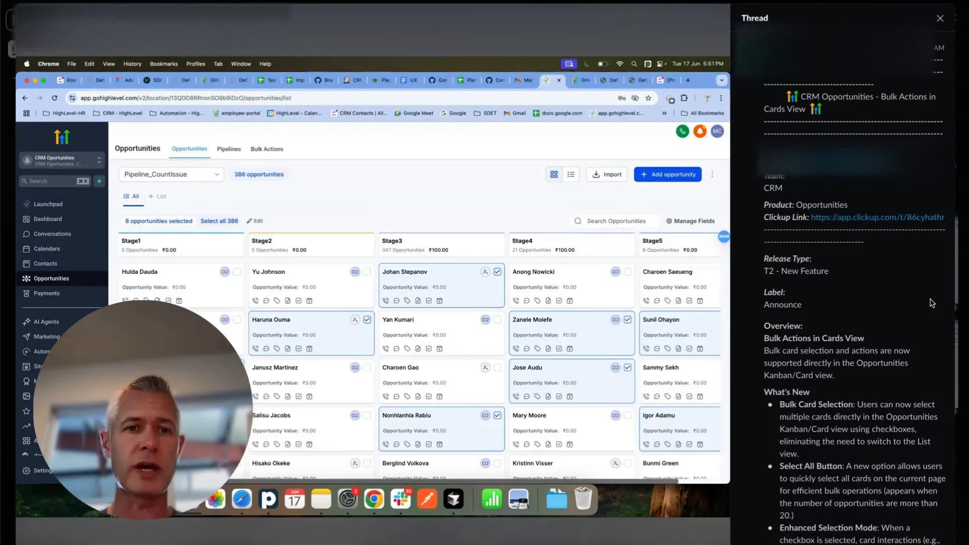 Selecting opportunities in GFunnel card view for bulk action