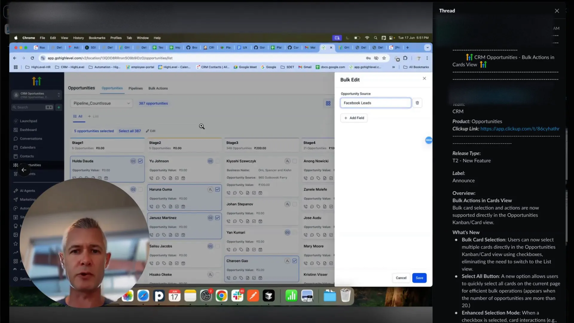 Bulk changes in card view for opportunity source and status updates
