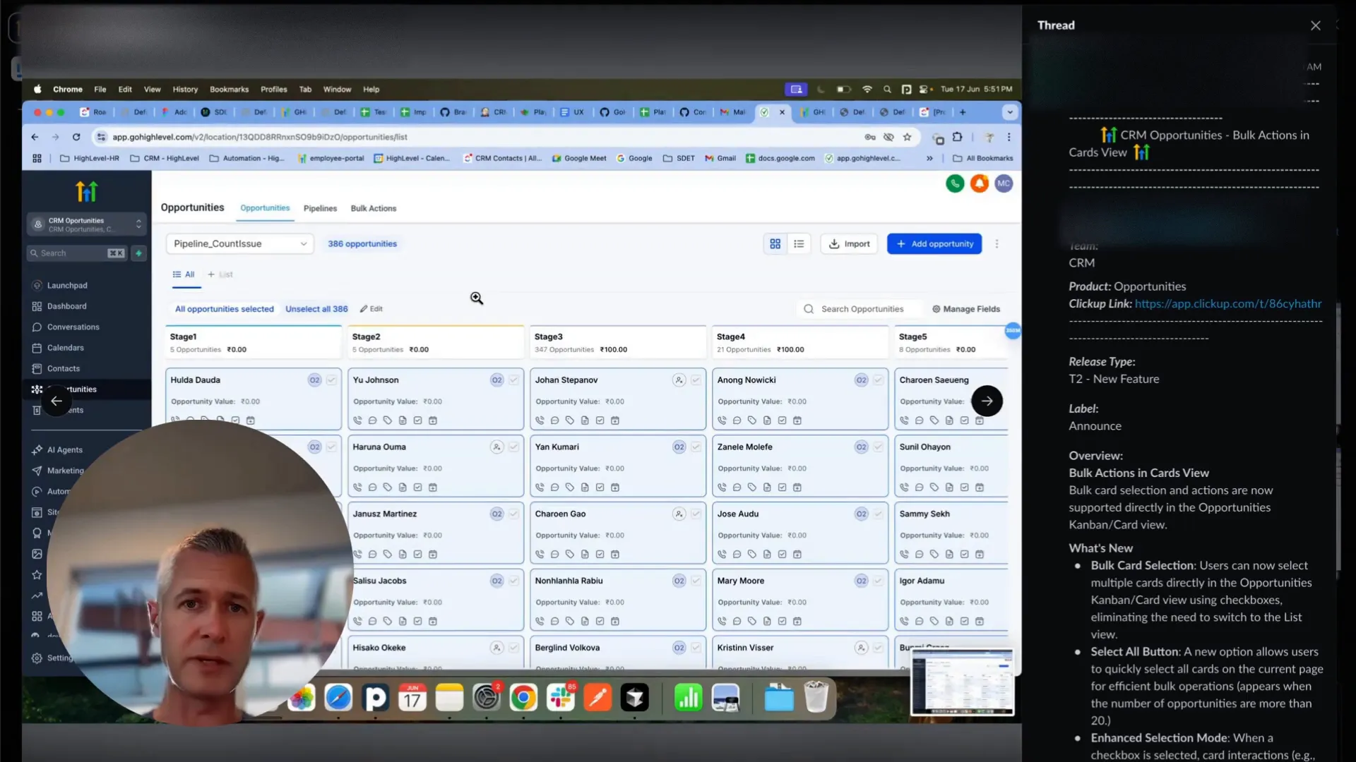 Selecting all opportunities for bulk action in GFunnel card view