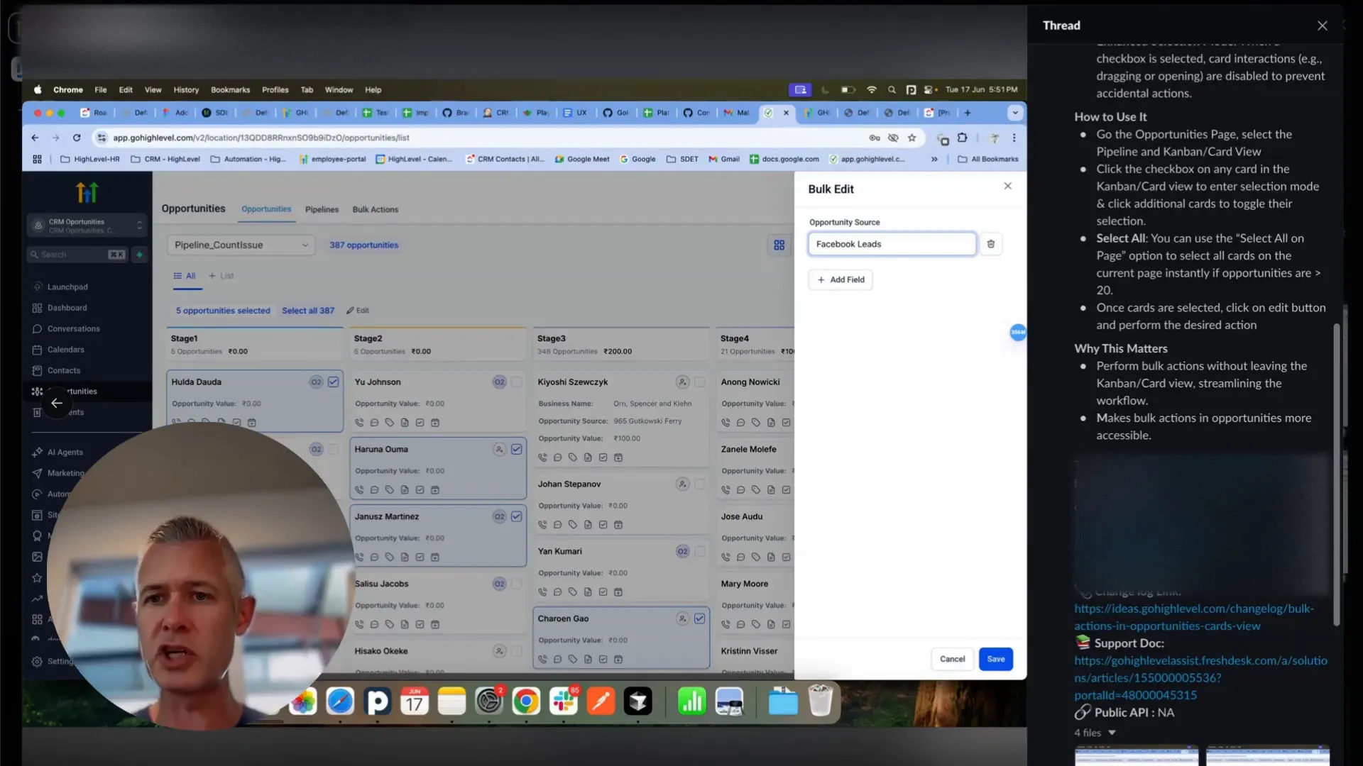 GFunnel card view bulk action interface with multiple opportunities selected
