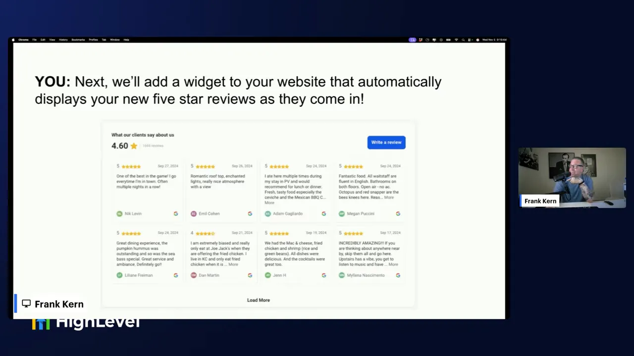 Website widgets displaying incoming five-star reviews