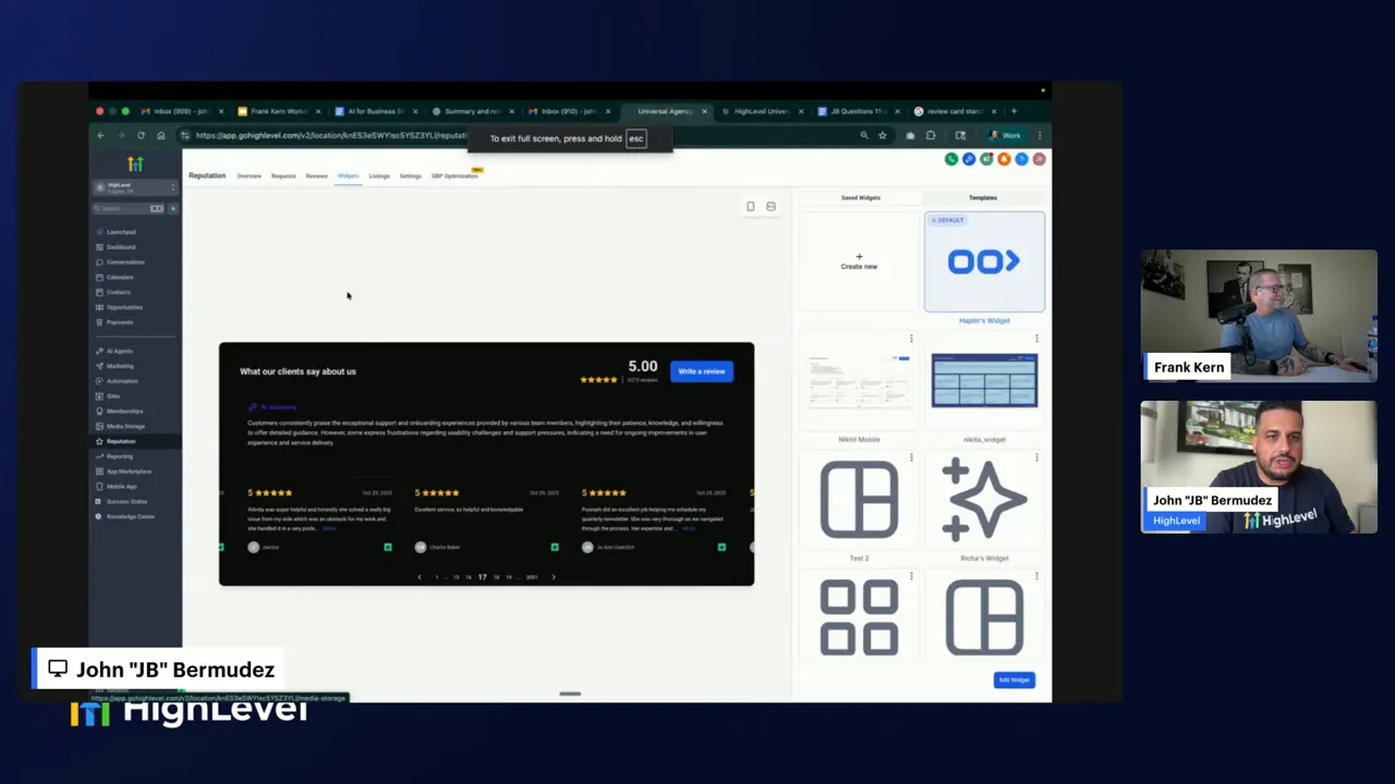 GFunnel reputation management toolbar showing requests and widgets
