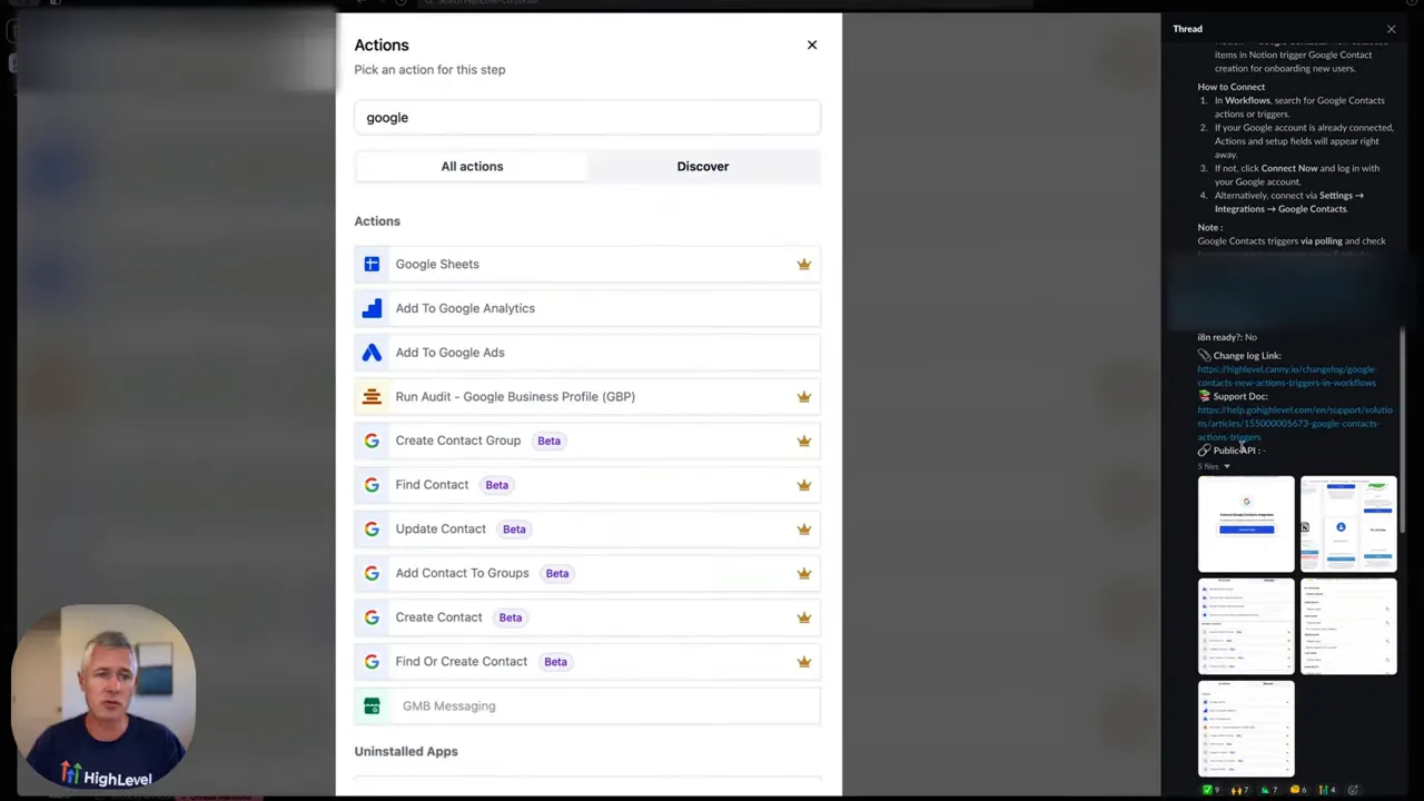 Screenshot: GFunnel integration search results showing contact integration