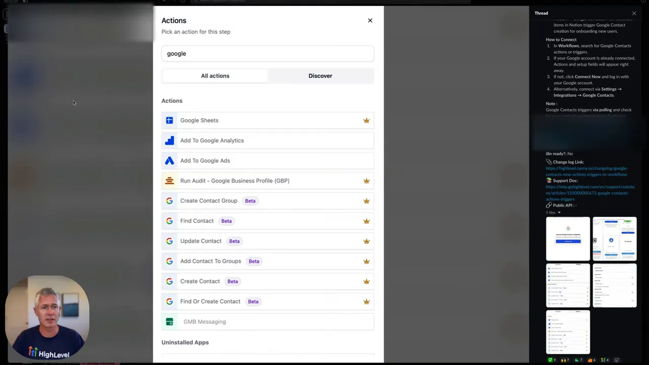 Screenshot: list of integrations including Google contacts visible in the integrations section