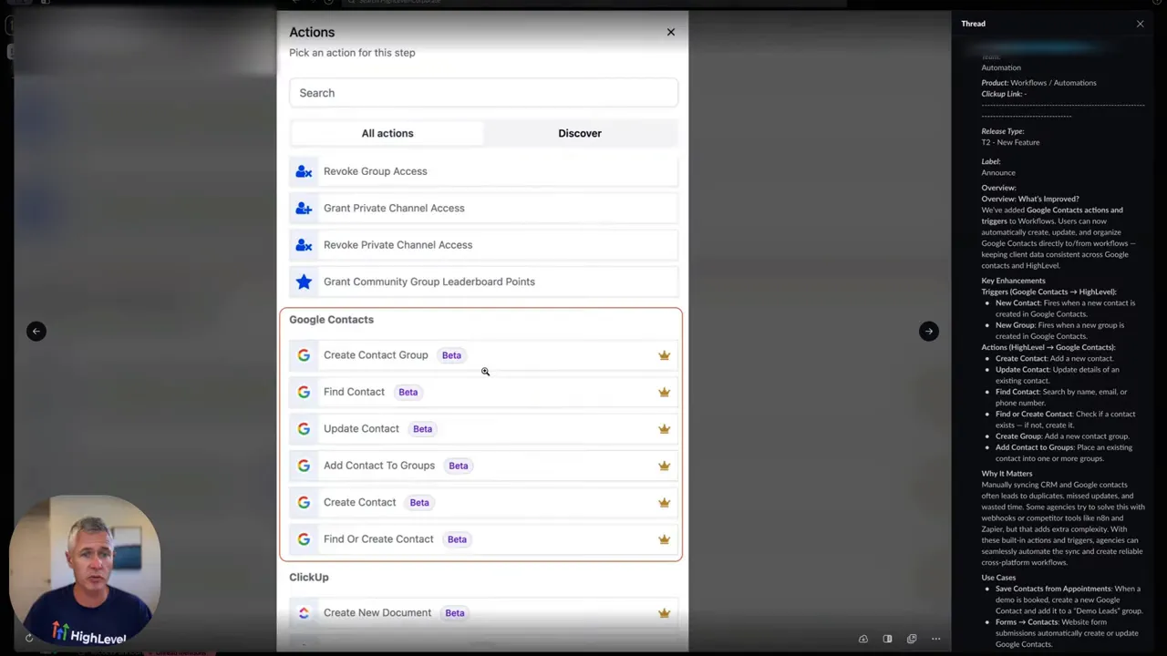 Screenshot: integration announcement showing Google contacts actions and triggers