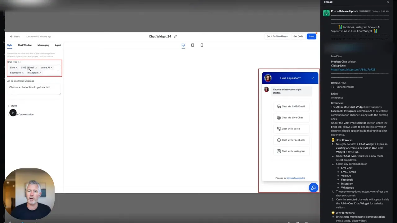 Clear screenshot of GFunnel all-in-one chat widget settings highlighting channel selection and the widget live preview.