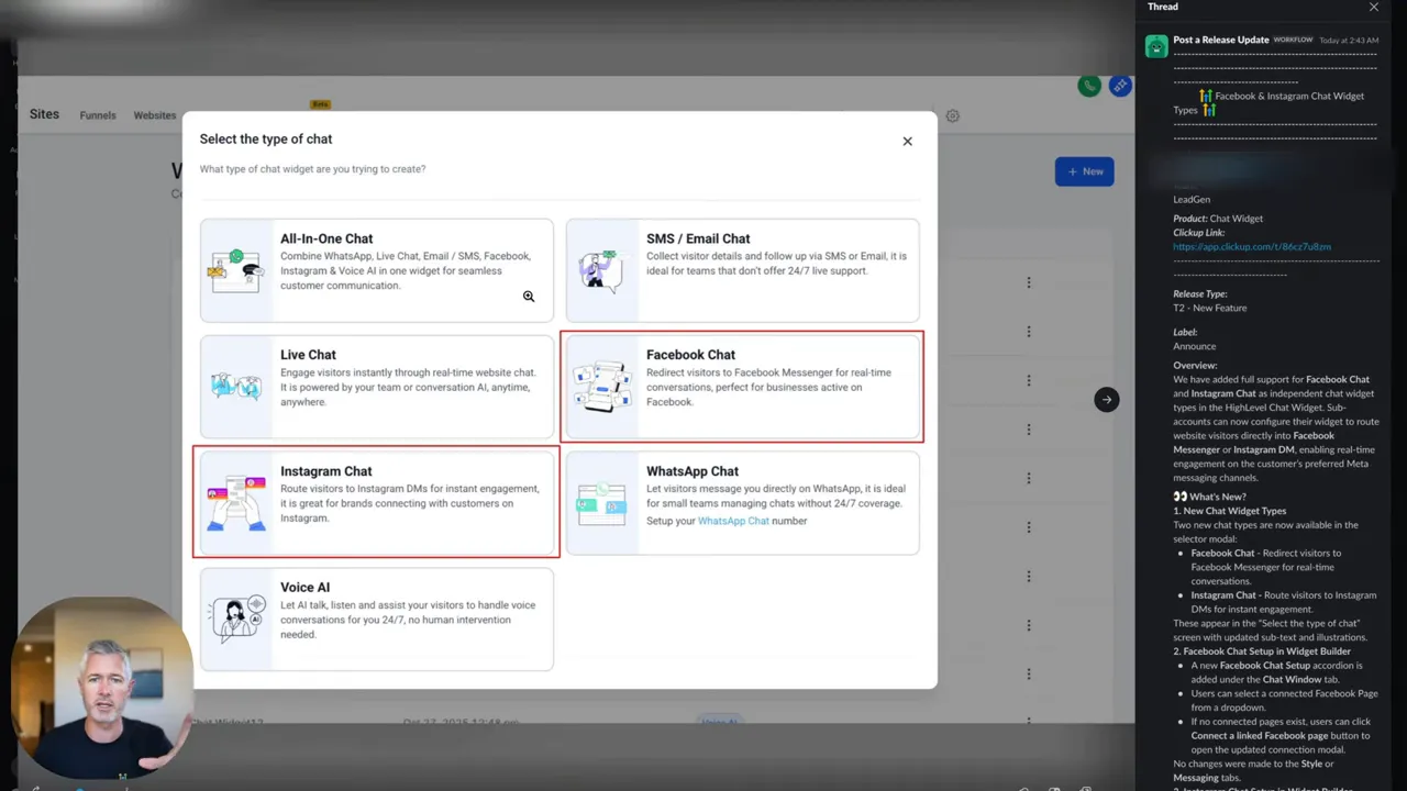 GFunnel 'Select the type of chat' modal with highlighted Facebook Chat and Instagram Chat options on screen