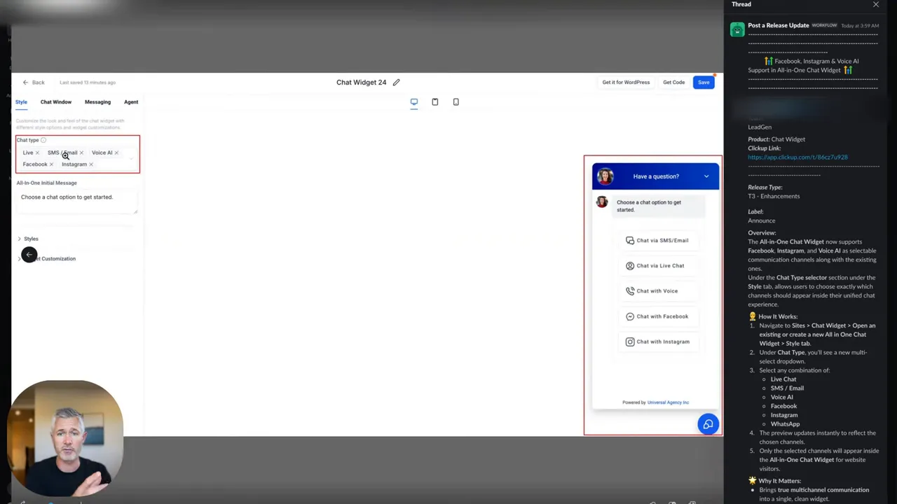 Close-up of GFunnel chat widget configuration with chat type options and widget preview
