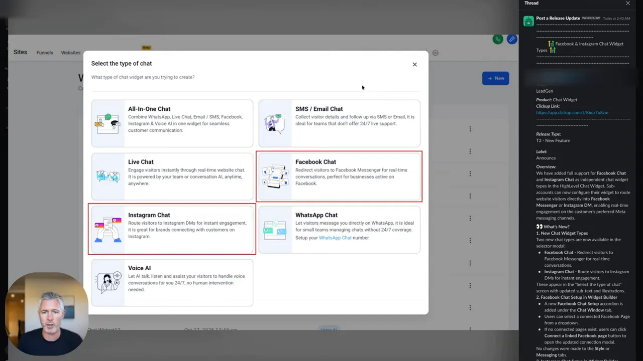 GFunnel modal showing chat widget types including All-in-One Chat, Live Chat, Instagram Chat, Facebook Chat and Voice AI