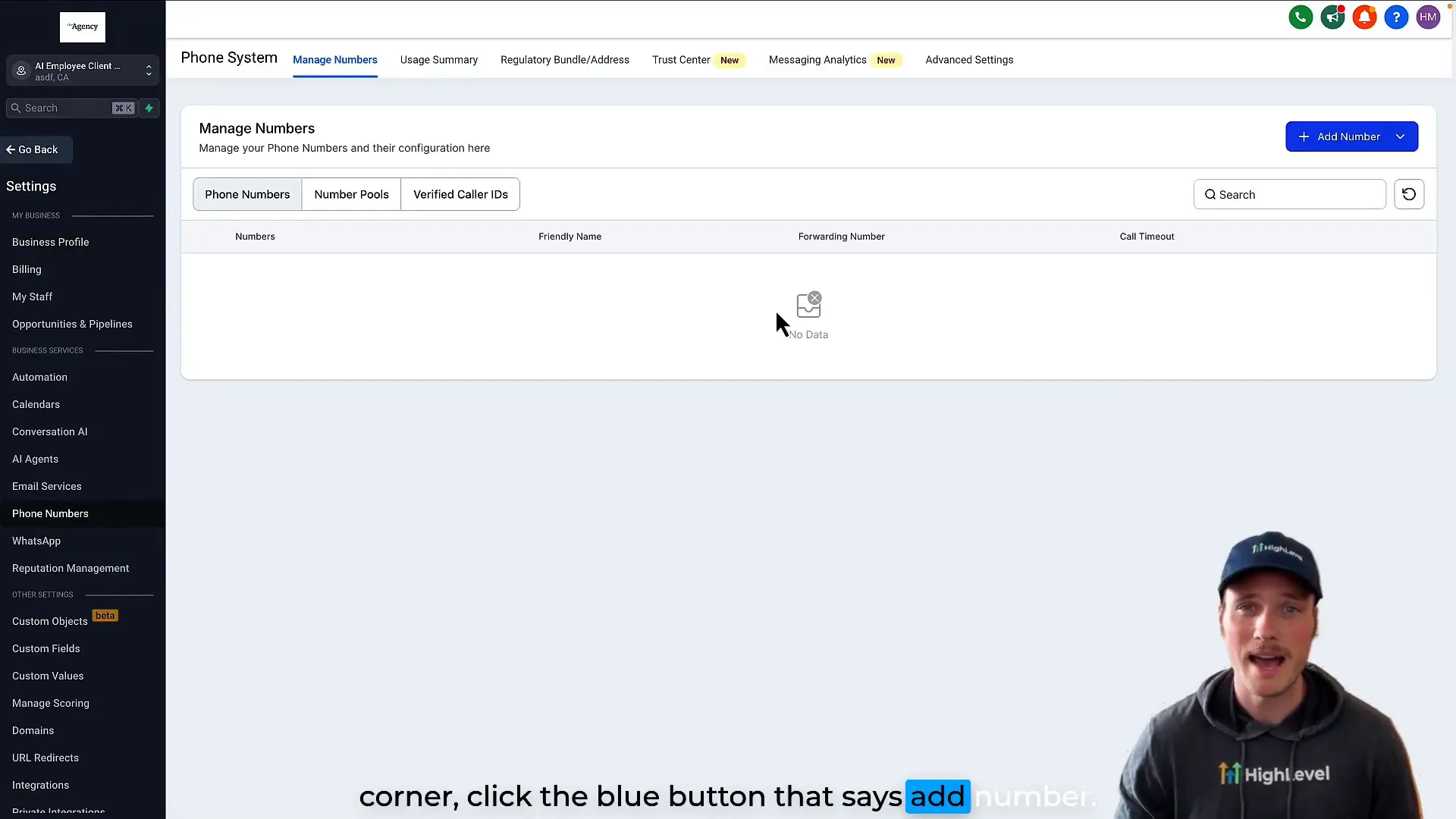 Navigating to phone numbers in Lead Connector settings