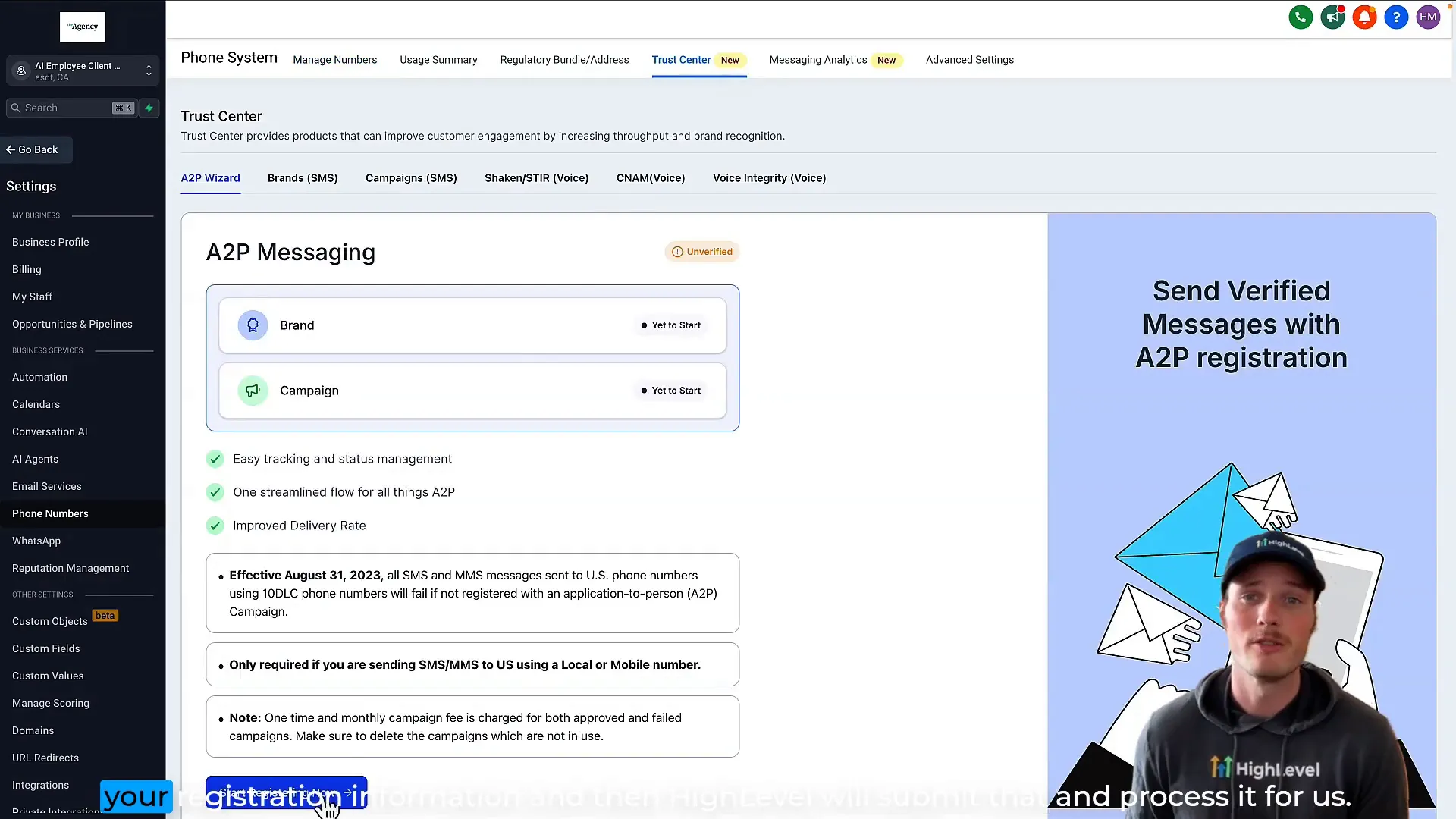 Starting A2P registration wizard in Lead Connector Trust Center