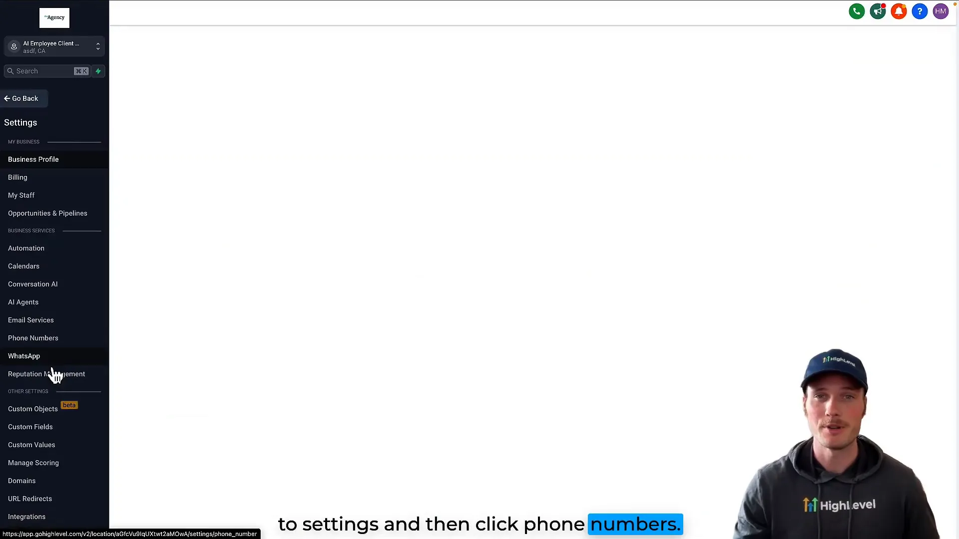 Lead Connector agency sub account settings phone numbers