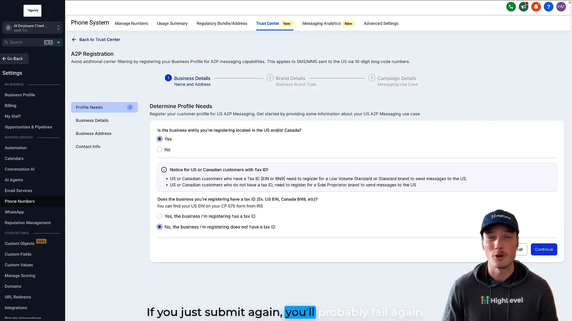 A2P registration review process in Lead Connector