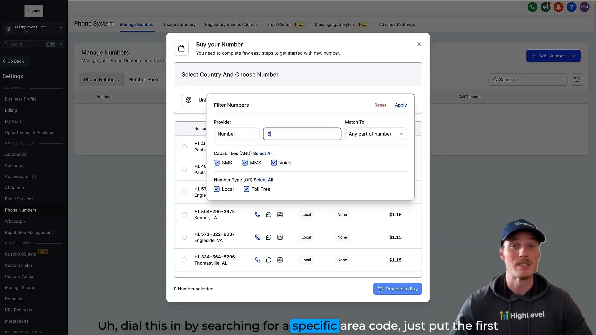 Selecting a local phone number by area code in Lead Connector
