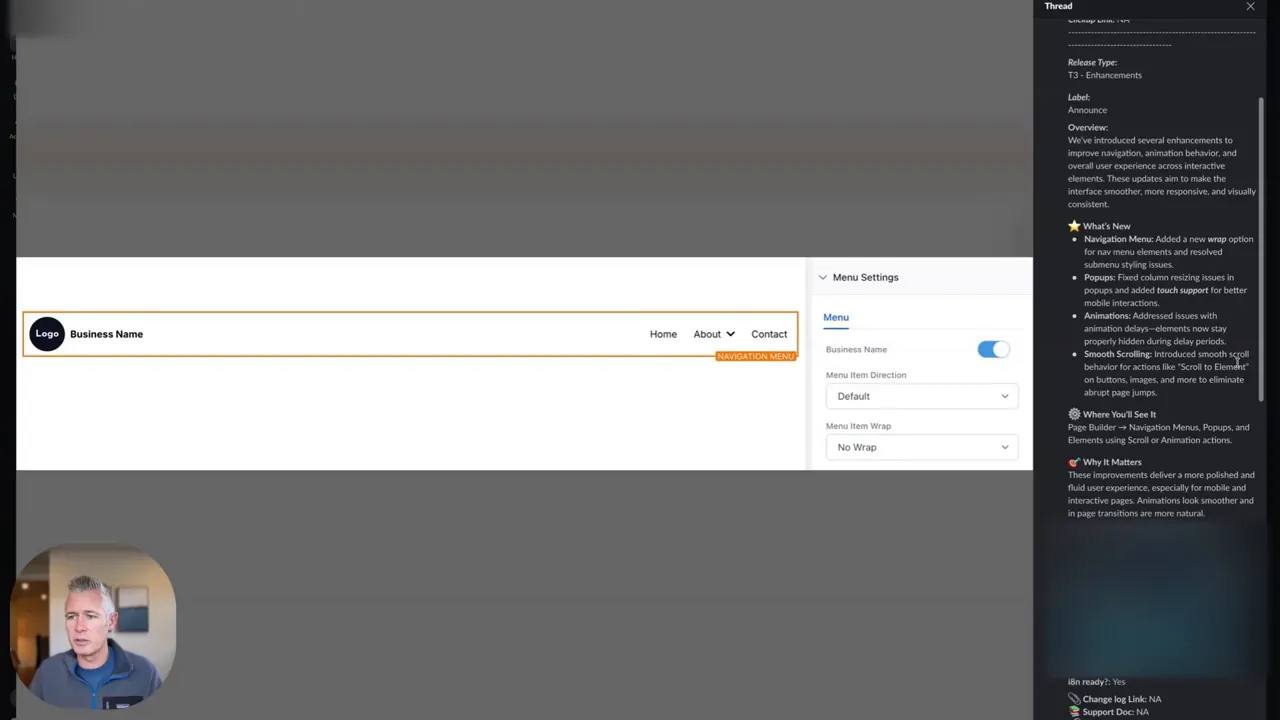 Navigation menu wrap option in funnel builder showing submenu styling adjustments