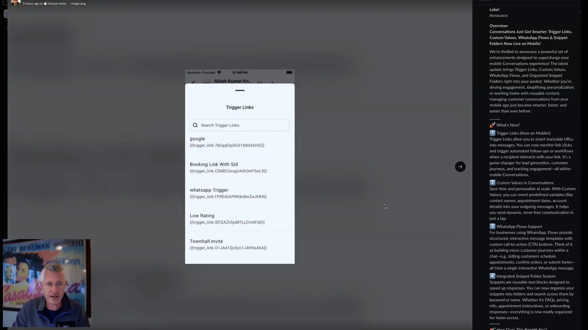 Trigger links feature showing trackable URLs in mobile conversations