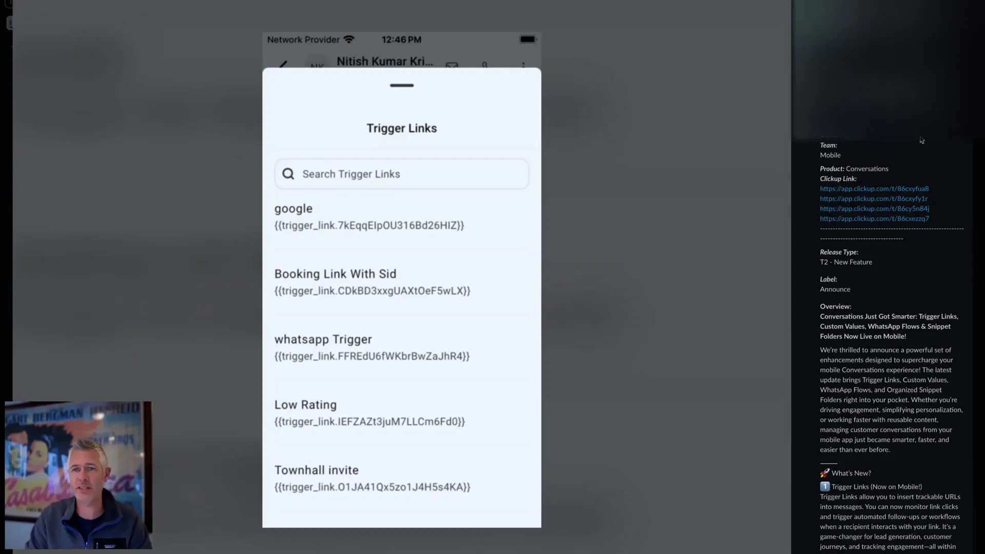 Announcement of new mobile features including trigger links, custom values, WhatsApp flows, and snippet folders