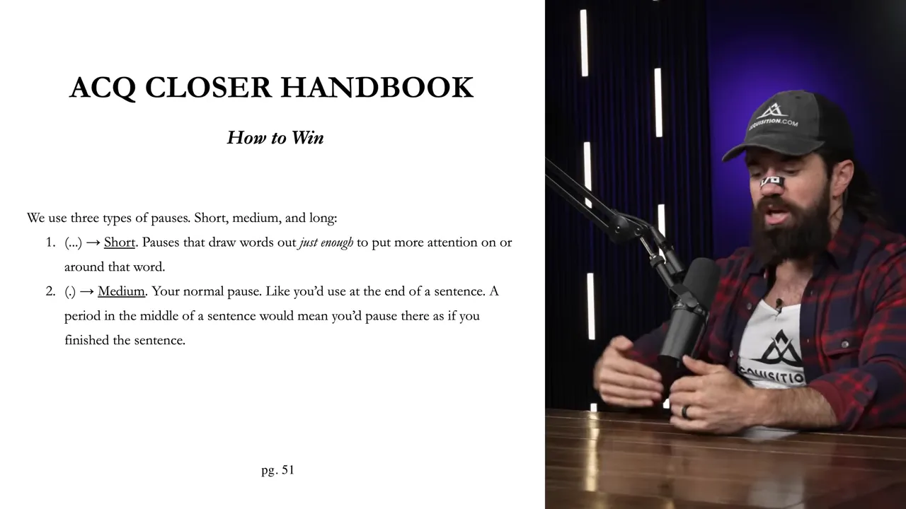 Clear slide titled 'ACQ CLOSER HANDBOOK' with text describing short, medium, and long pauses on the left and the podcast speaker at the right edge.