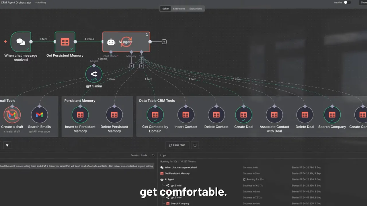 GFunnel automation editor showing nodes like Get Persistent Memory, Create Deal, Search Company