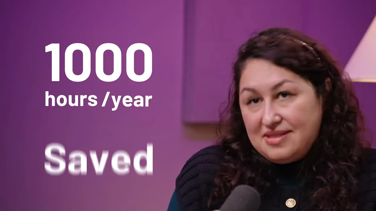 Overlay text '1000 hours / year Saved' beside a podcast guest in a purple studio