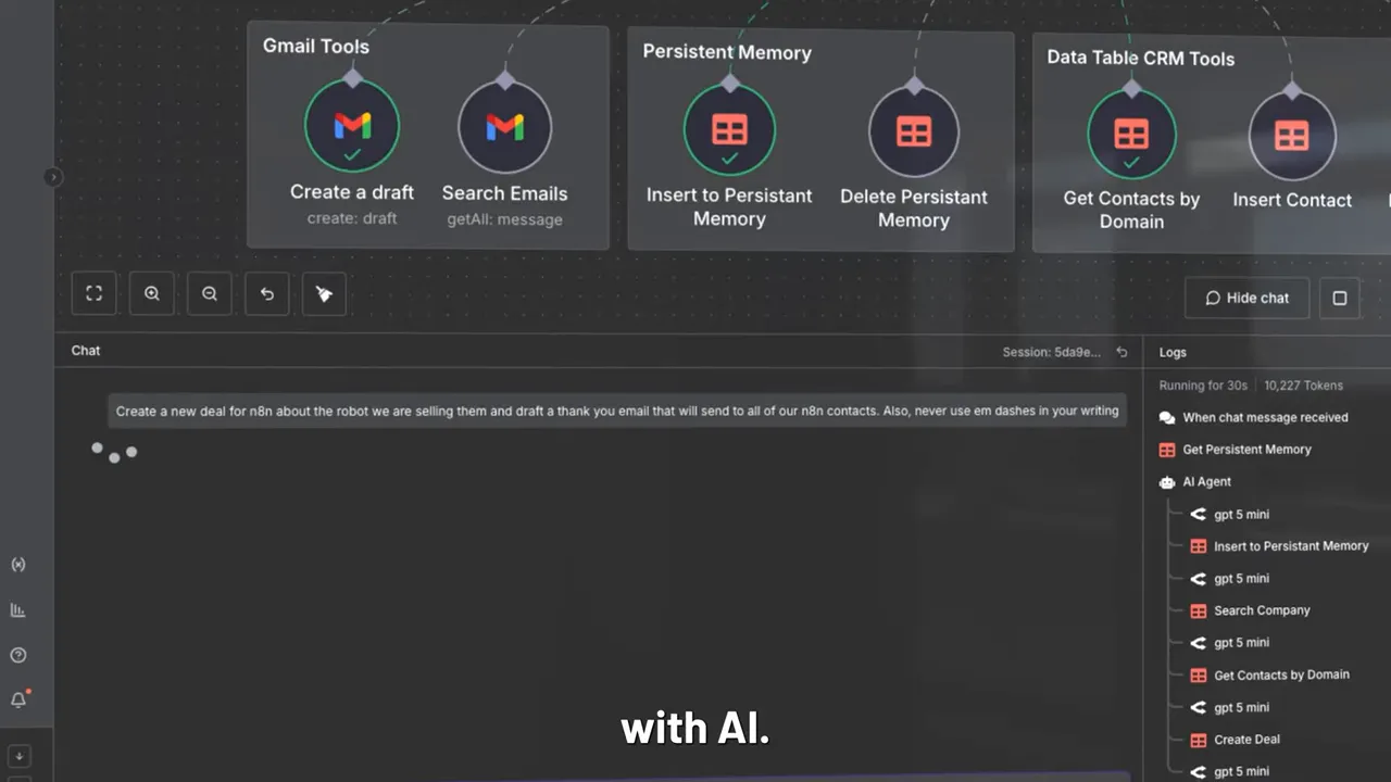Automation editor UI showing Gmail tools, persistent memory nodes, CRM actions and run logs