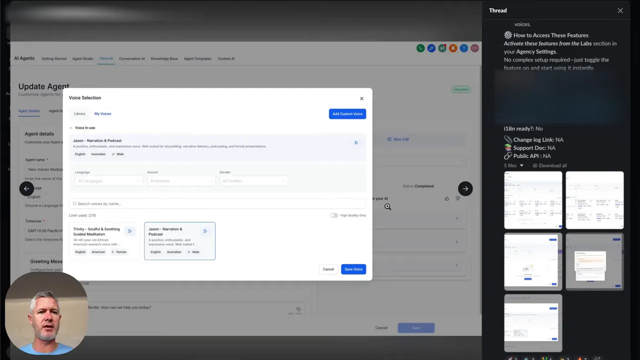 GFunnel voice selection modal showing custom voice options and settings