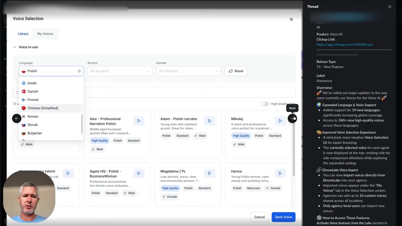 Voice Selection modal with a language dropdown open (Polish, Greek, Danish, Chinese, Korean), voice cards visible, presenter thumbnail overlay and release notes panel at right.