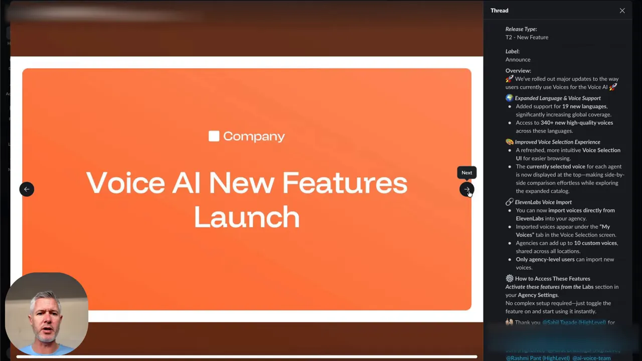 High-contrast slide with orange background and white text reading 'Voice AI New Features Launch' from the presentation in the video.