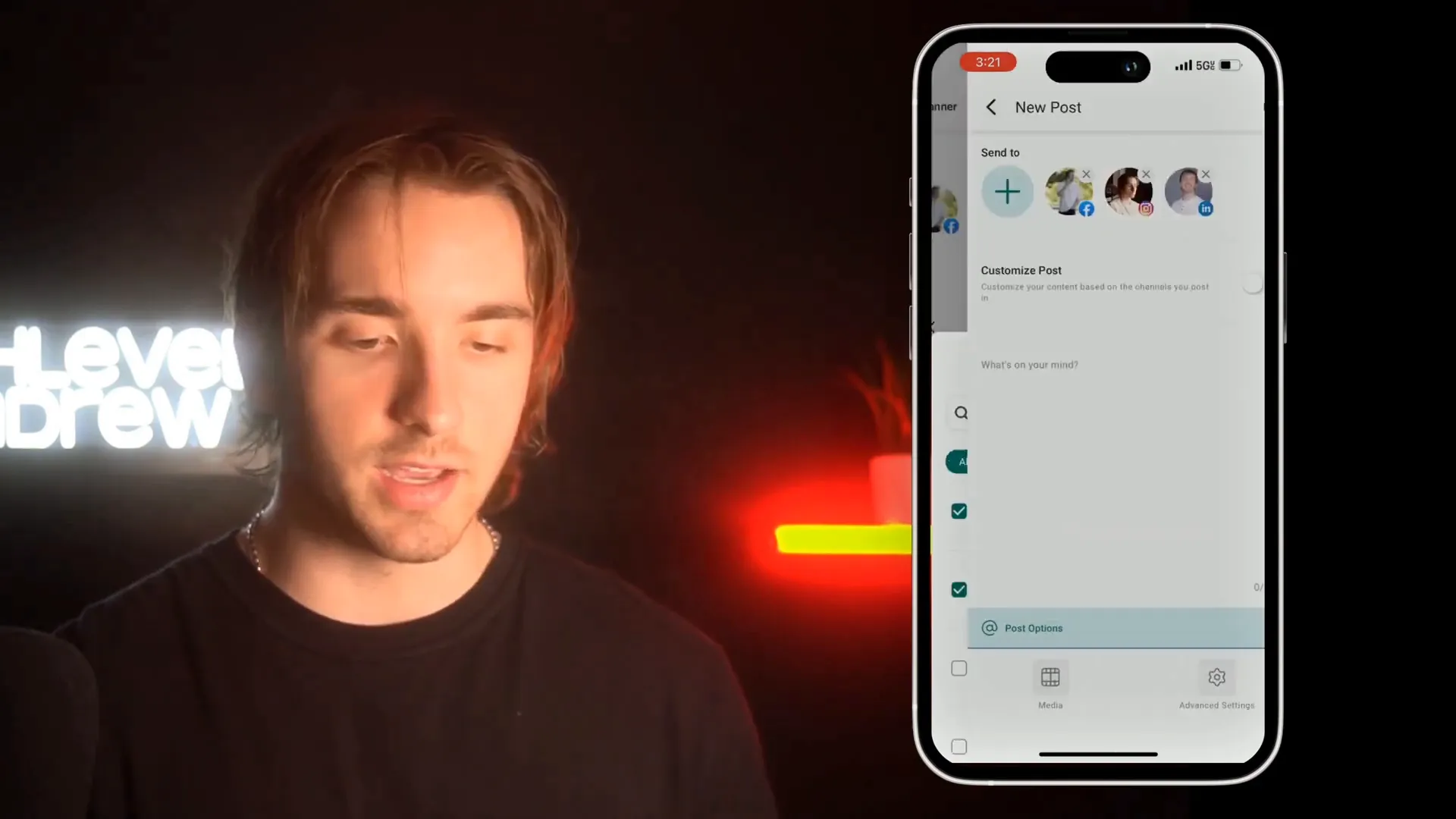 Creating a new social media post in the mobile app