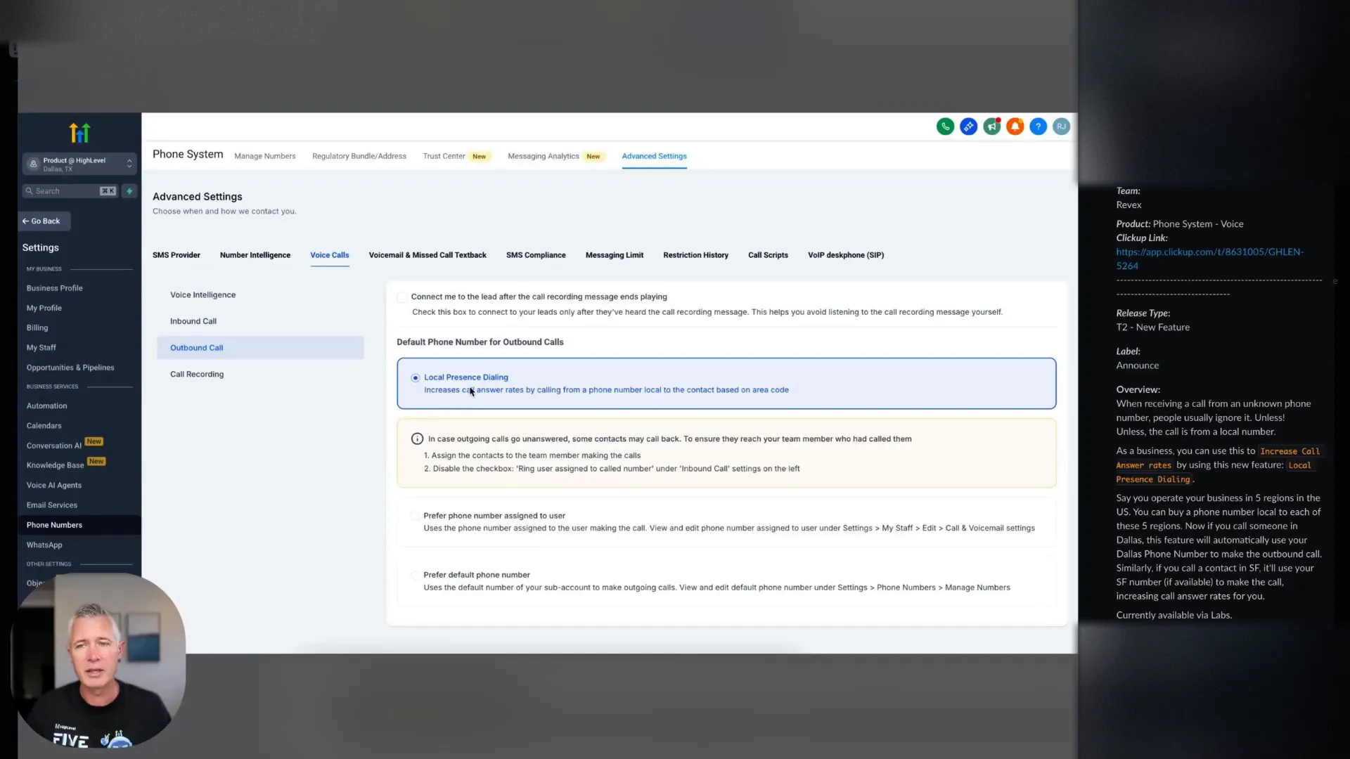 Local presence dialing setup in advanced phone system settings