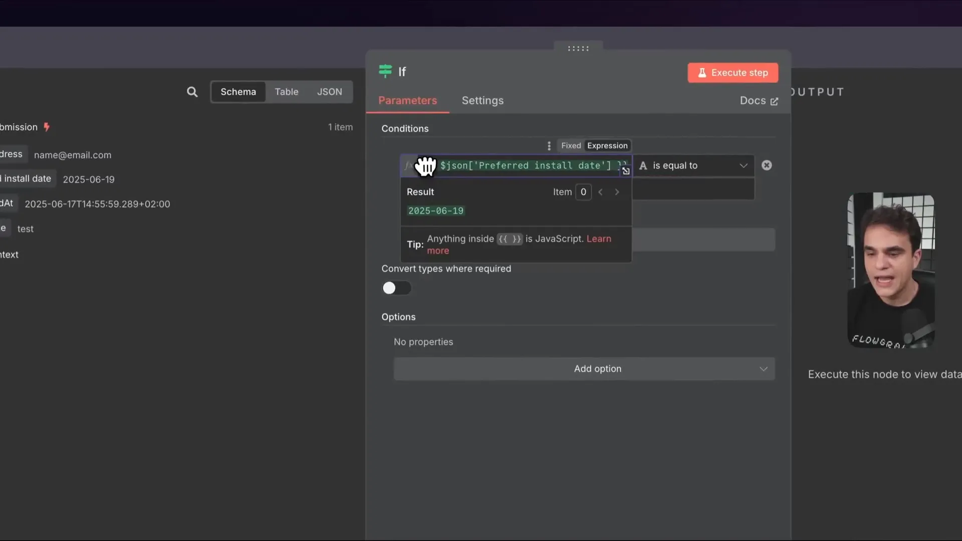 Flows AI workflow editor showing conditional logic and data mapping