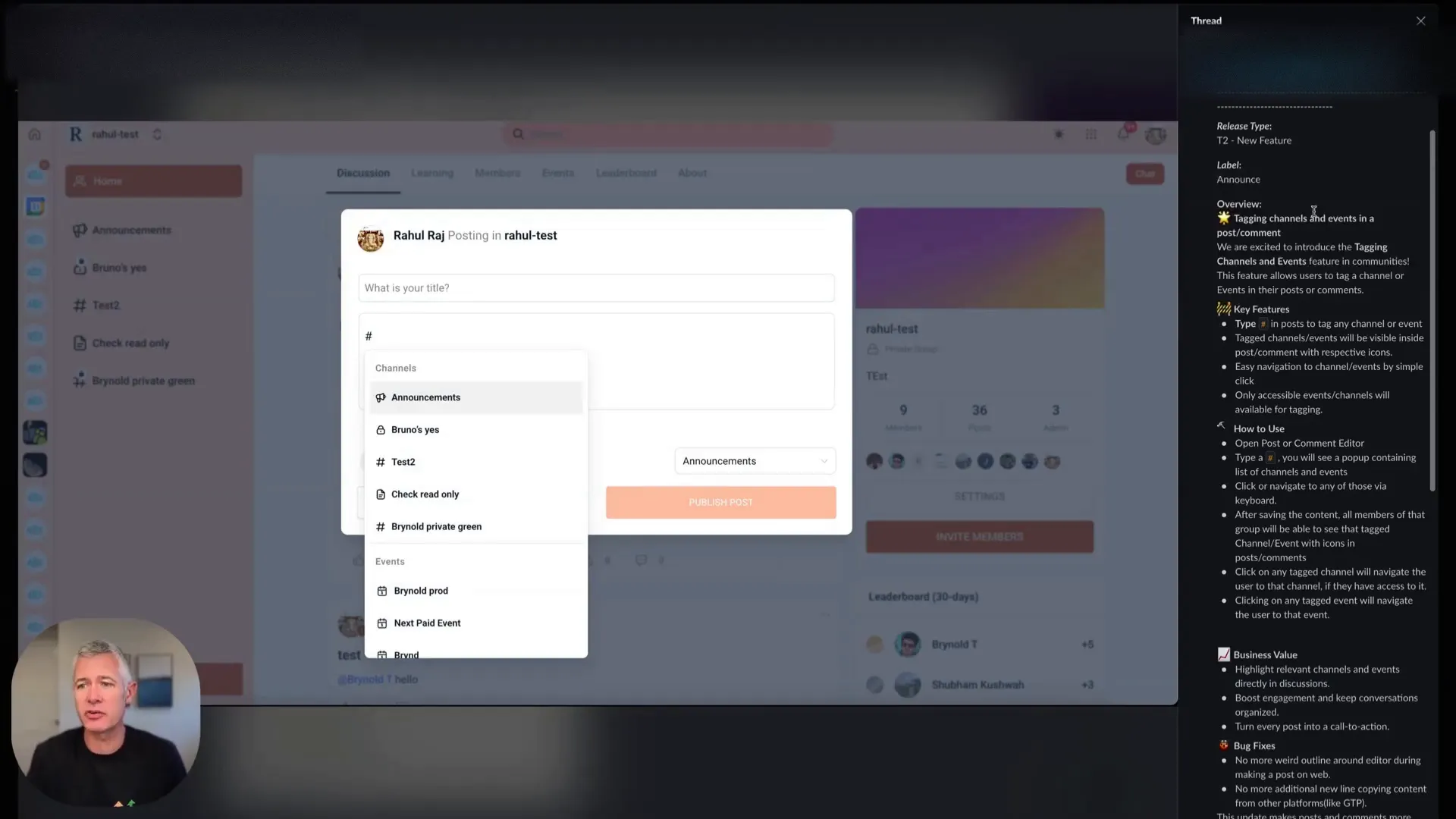 Example of typing a hashtag to tag a channel or event in a post