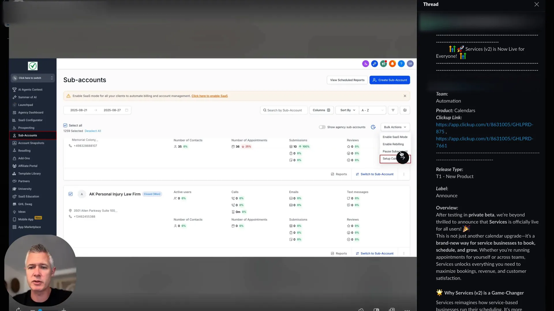 Sean announcing services feature expansion in the calendar interface