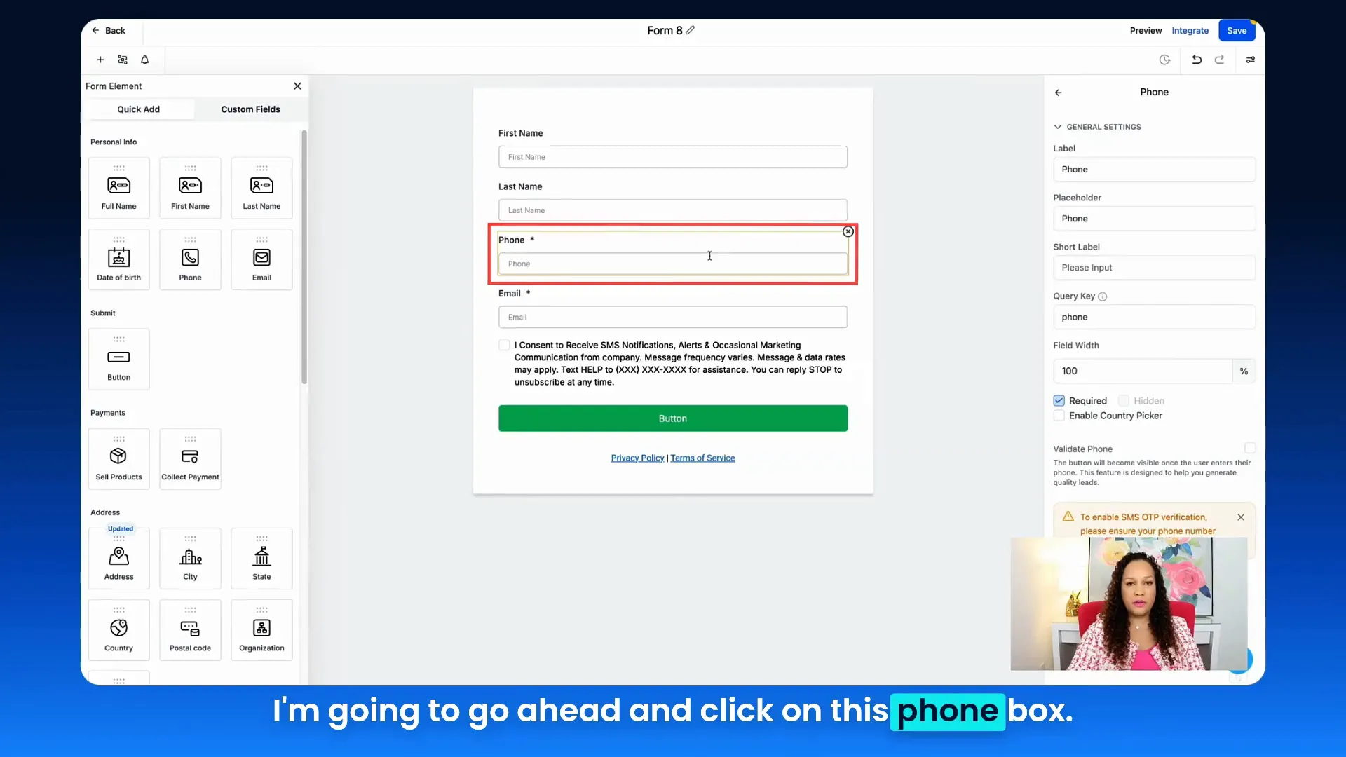 Form field demonstrating phone verification flow with OTP
