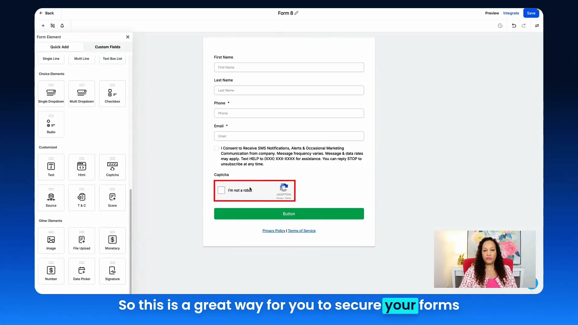 Drag-and-drop form builder where CAPTCHA is added to the form