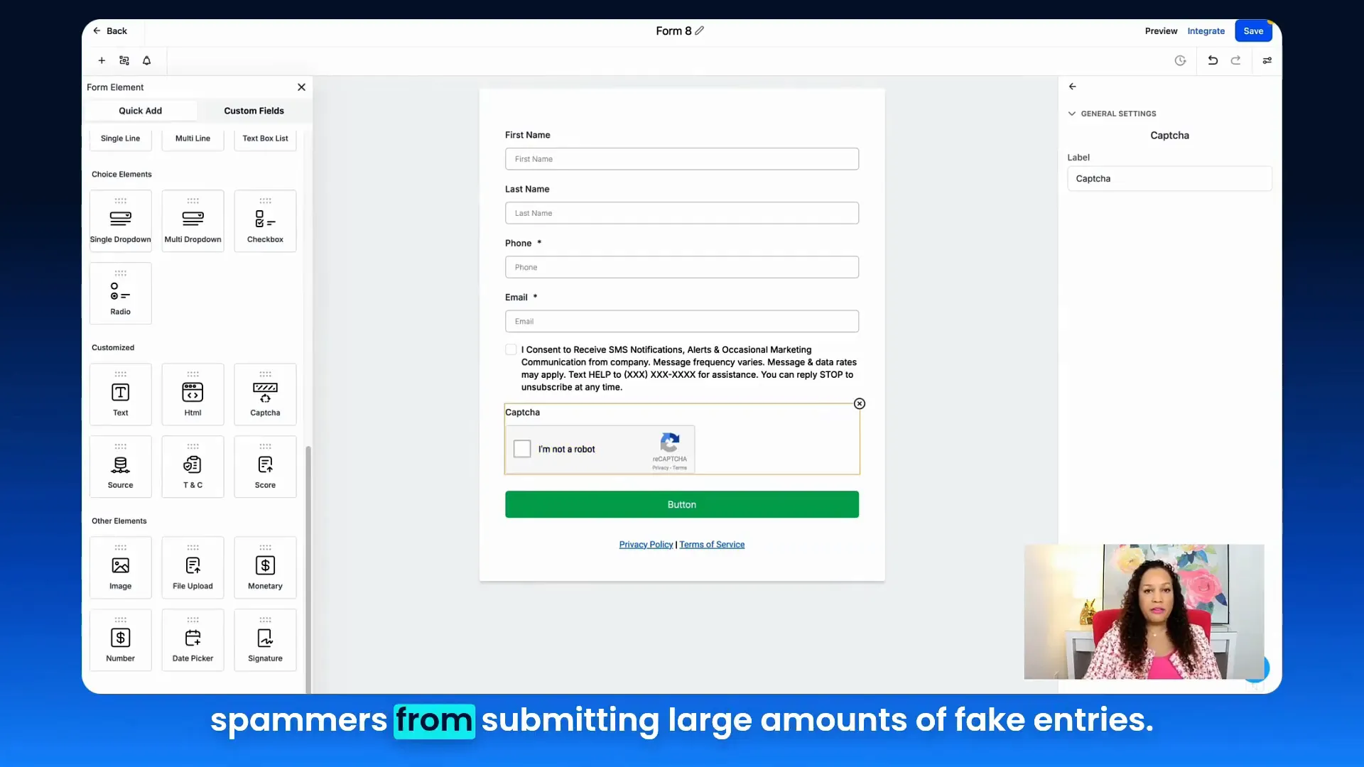 Form with 'I'm not a robot' CAPTCHA element added to the form