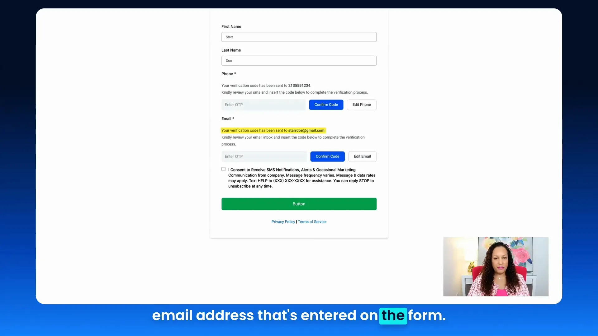 OTP confirmation popup with confirm code button in form flow