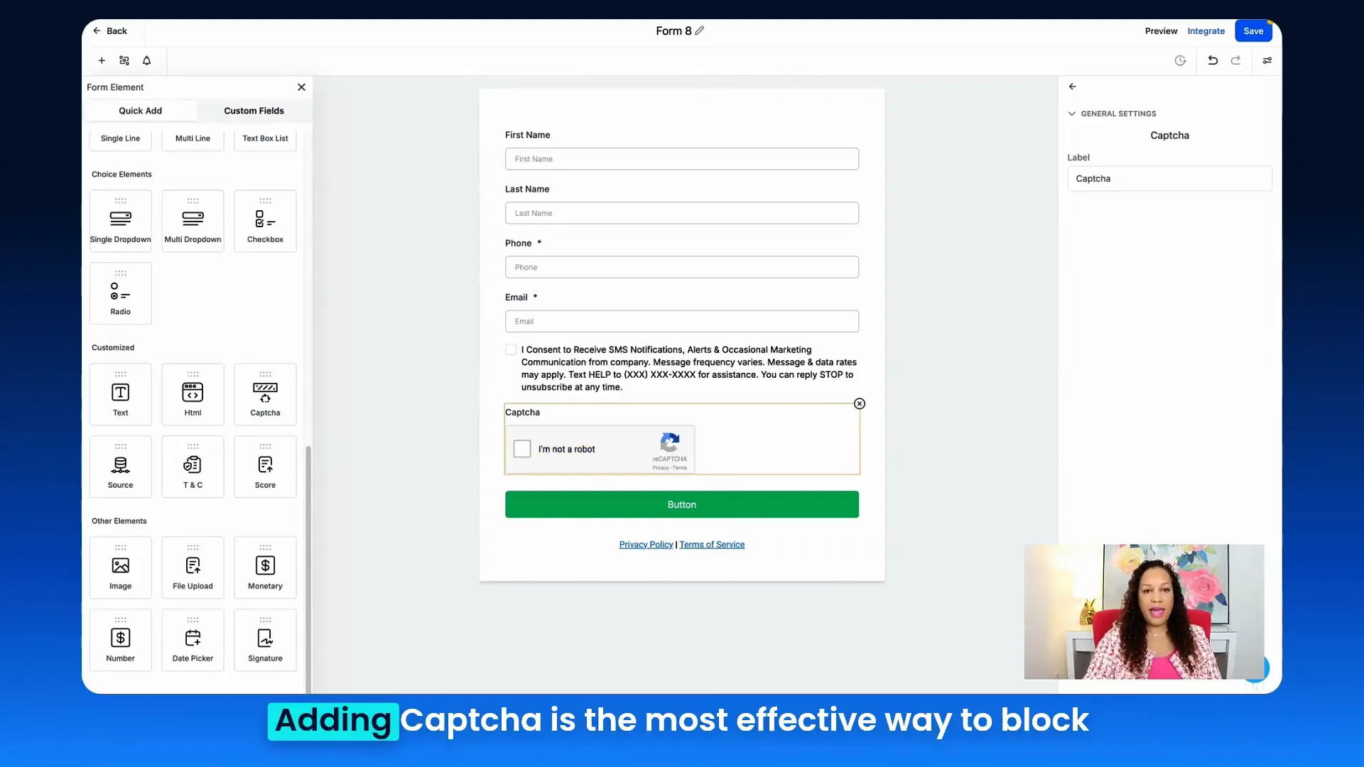 Selecting CAPTCHA as most effective spam prevention method in the form builder