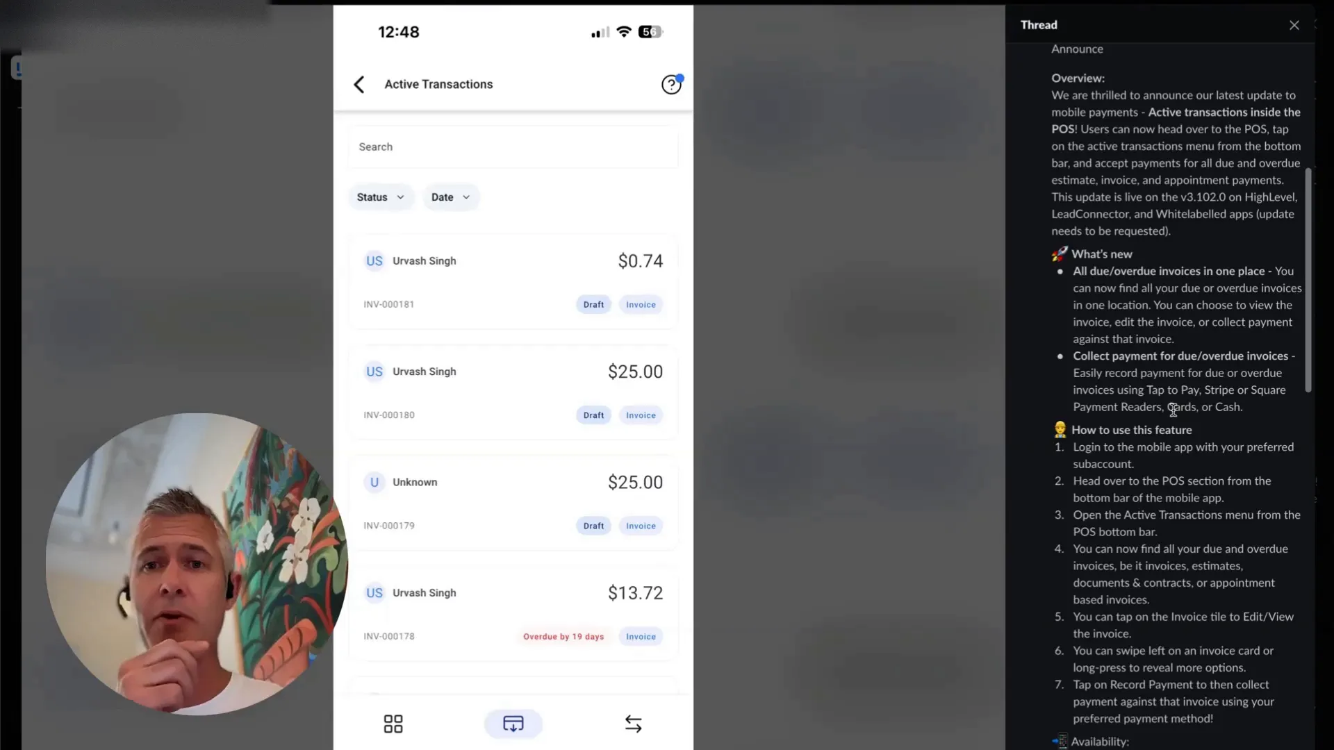 Video insight on active transactions and mobile payments