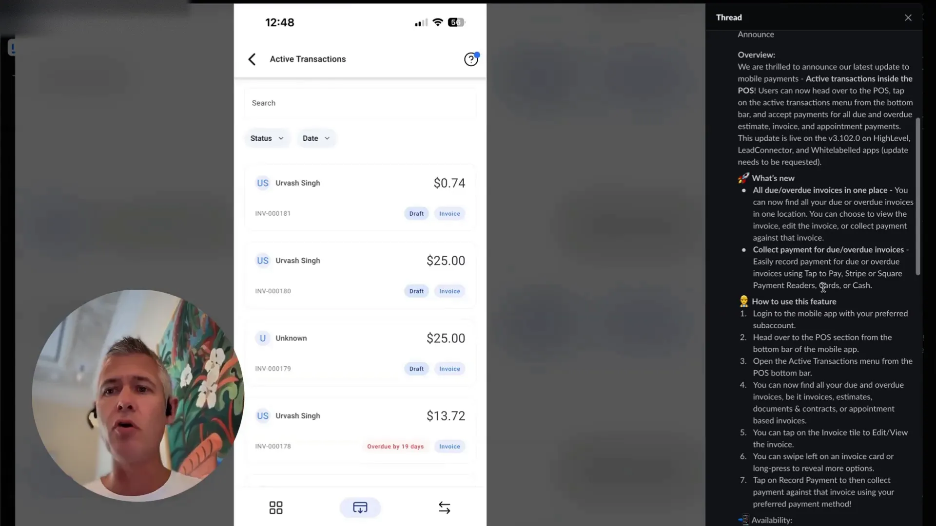 Mobile payments active transactions menu in Lead Connector app