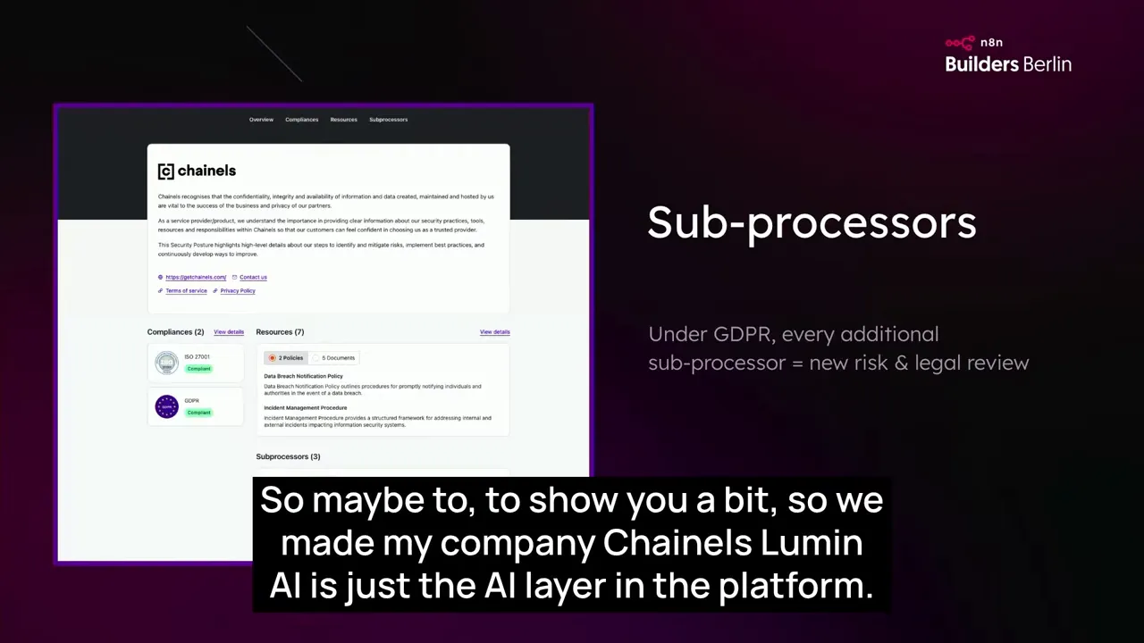 Trust center and sub-processors overview showing compliance artifacts