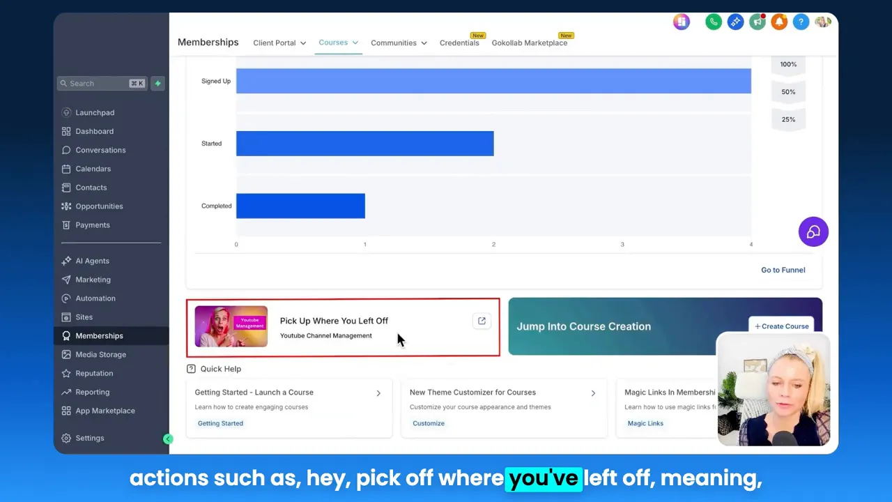 Quick actions and help resources on the dashboard for creating new courses and picking up where users left off