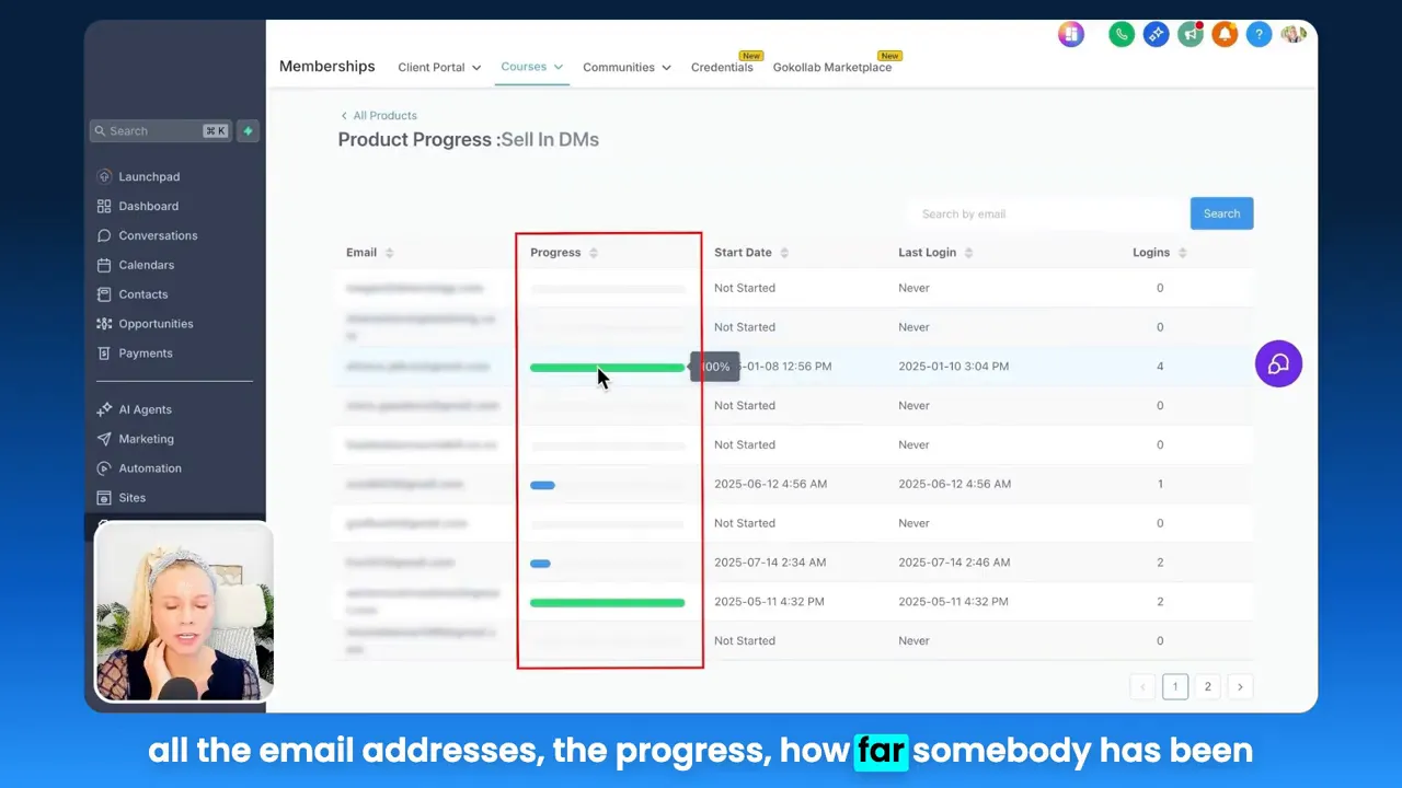 Detailed student progress view showing email, progress, start date, and last login