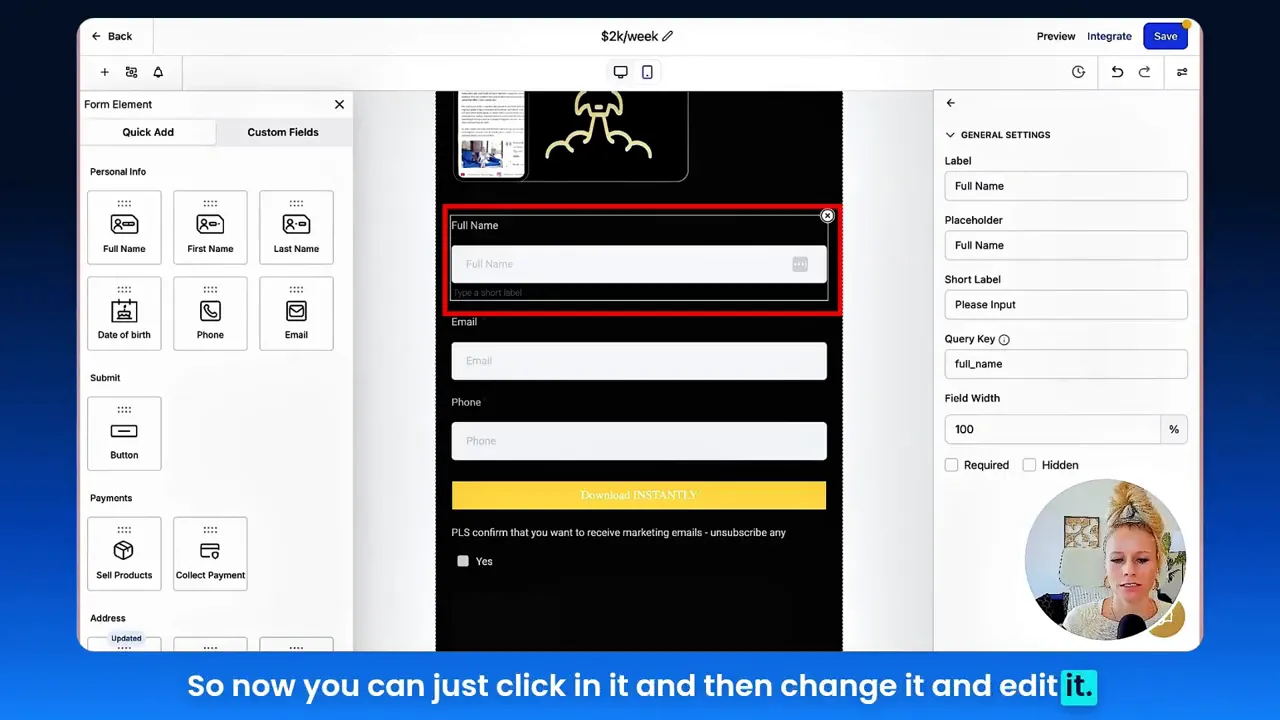 Form workspace showing label and input box for inline editing