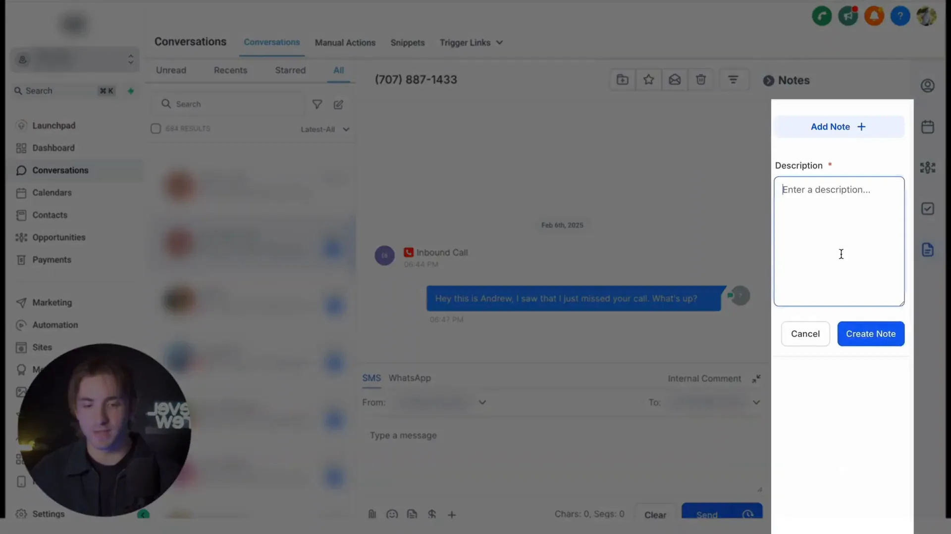 Example of a missed call note