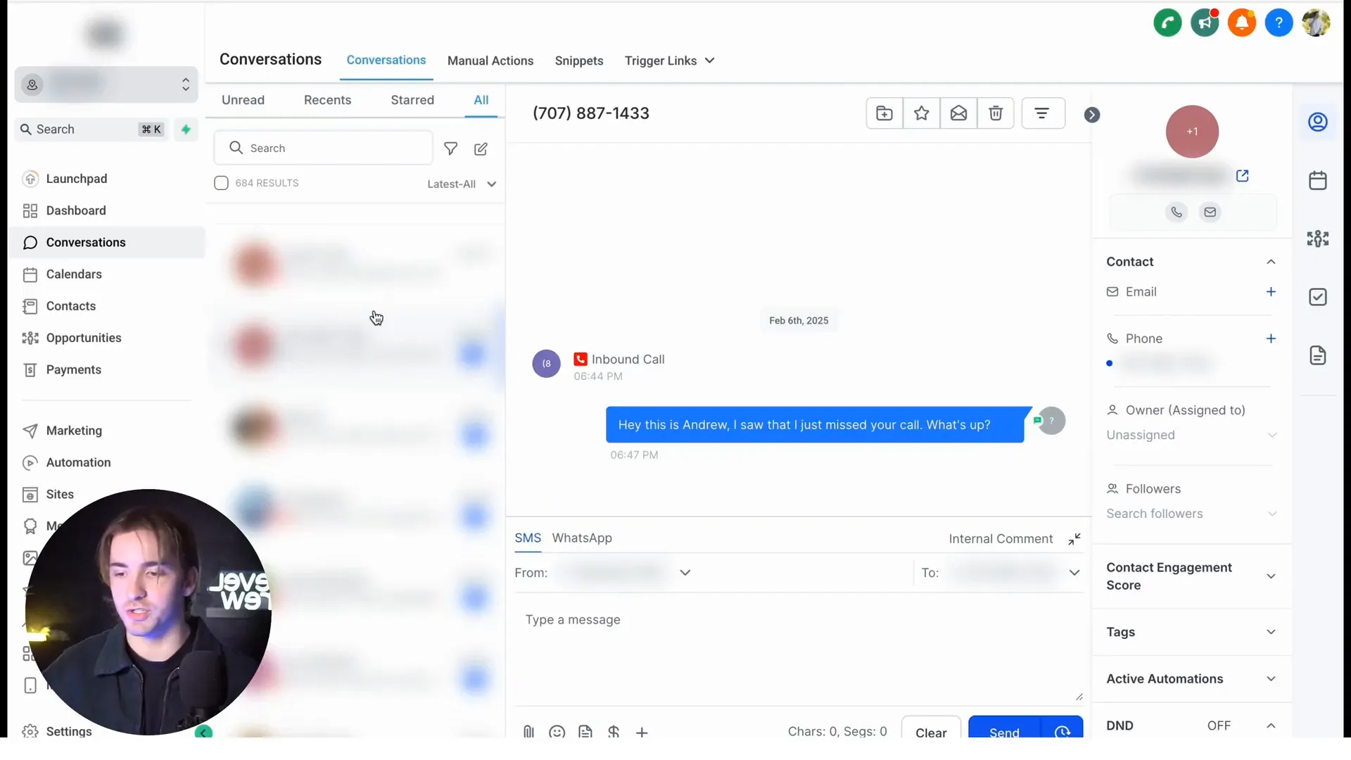 Navigating to the conversation screen in HighLevel