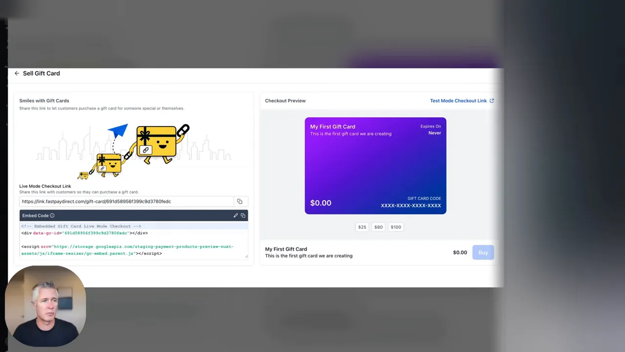 GFunnel gift card checkout preview and embed code on screen with small presenter thumbnail lower-left