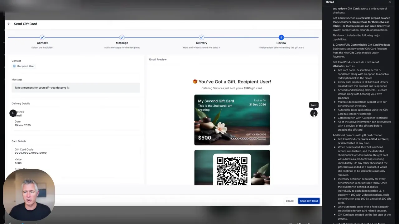 GFunnel Send Gift Card review screen with gift card preview, QR code and delivery preview (host visible in corner).