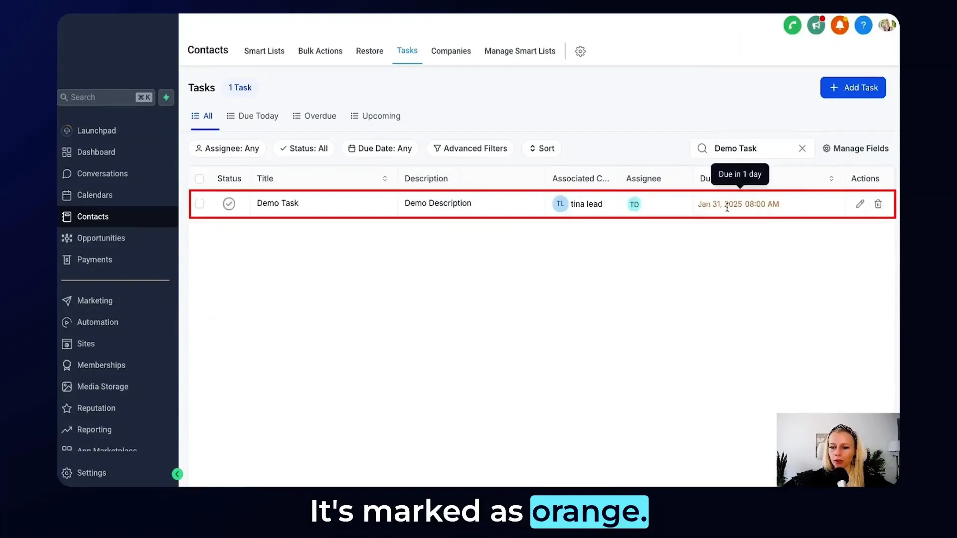Demonstration of GFunnel’s task management dashboard showing urgent tasks